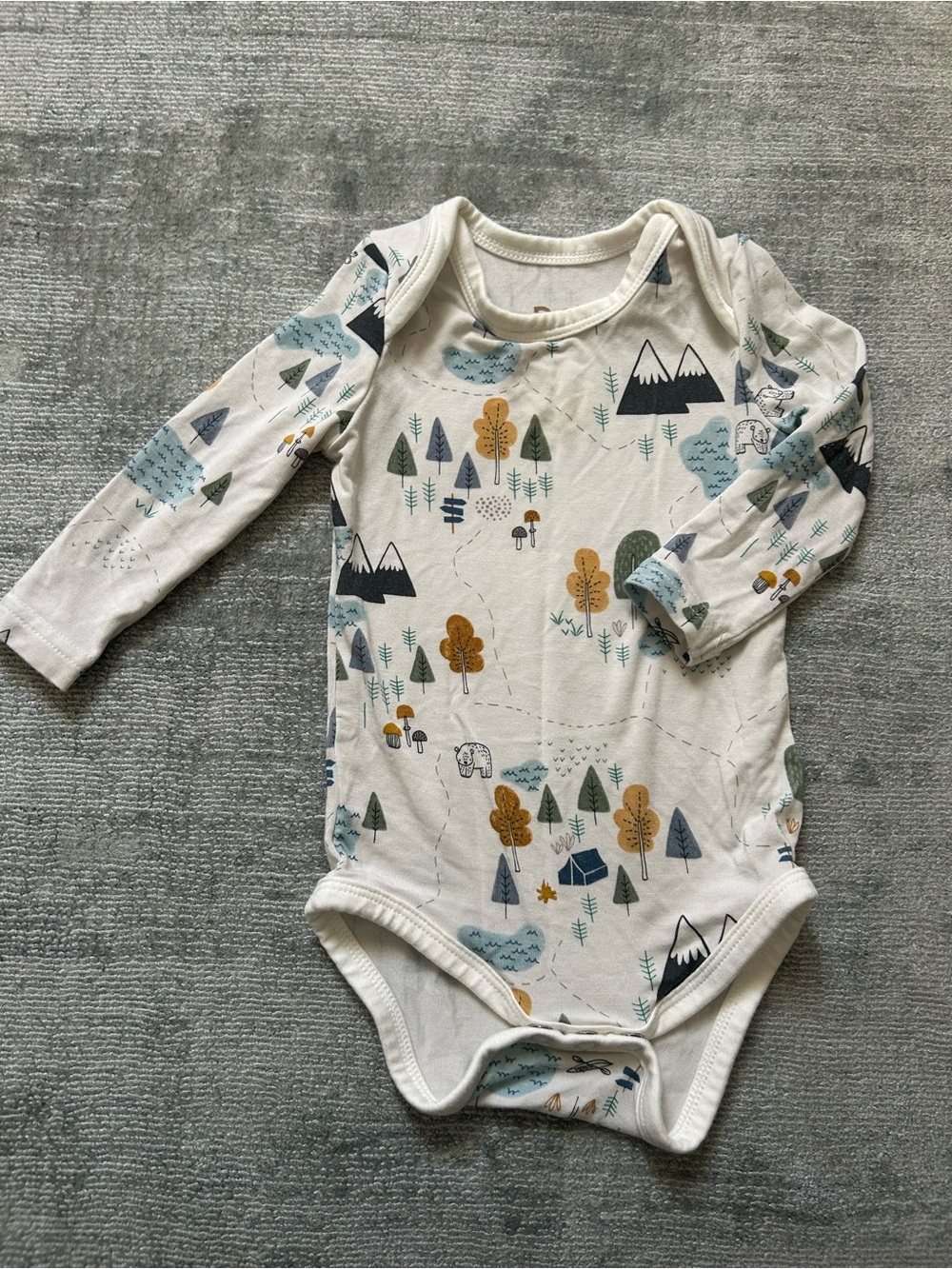 Little Sleepies Cream Woodland Print Long-Sleeve One-Piece in Mustard & Blue